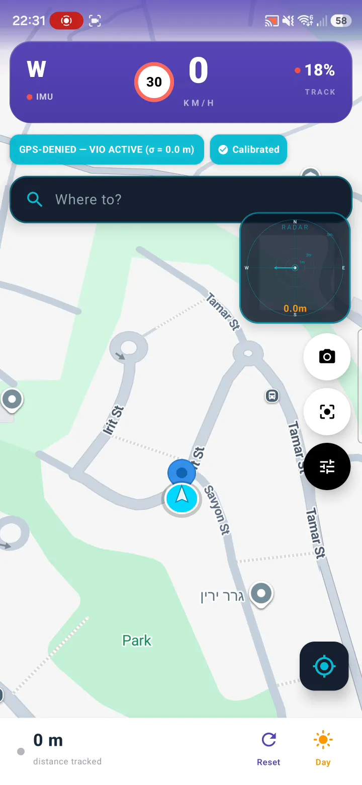 NavSight בעמידה: מצב GPS-DENIED עם VIO פעיל